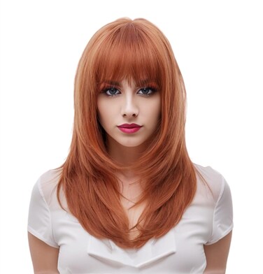 Rugelyss Long Auburn Wig with Bangs Layered Curly Copper Red Wigs for Women Natural Ginger Synthetic Wigs for Daily Use