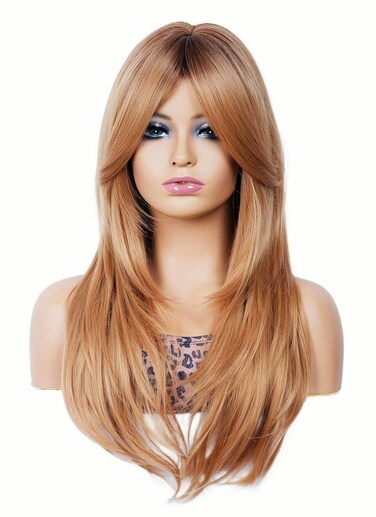 Rugelyss Long Wavy Strawberry Blonde Wigs for Women, Ombre with Dark Roots Layered Synthetic Hair Wig with Bangs for Daily Party