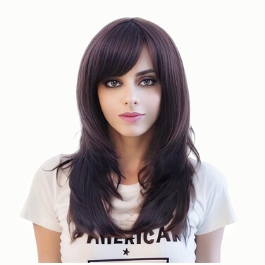 Rugelyss Dark Brown Long Wavy Wig with Bang,Chocolate Layered Synthetic Hair Wigs for Women with Side Parting
