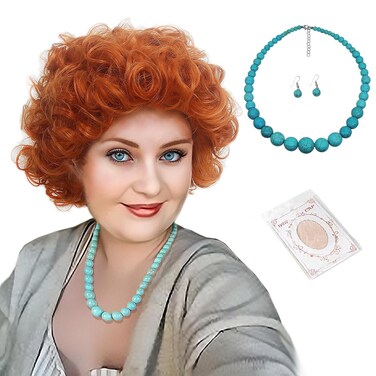 STfantasy Ginger Orange Short Afro Curly Womens Wig with Earing + Necklaces Heat Resistant Fluffy Synthetic Hair Wigs for Womens Ladies Cosplay Daily Costume Anime Halloween Copper Wig