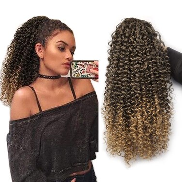 Curly Ponytail Extension Drawstring Ponytails for Black Women Blonde Ombre Curly Ponytail With 2 Clips on Pony Tails for Women (T1b/27)
