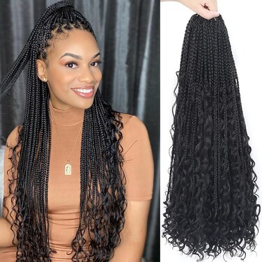 Goddess Box Braids Crochet Hair With Curly Ends 24 Inch Bohomian Box Braids Crochet Braids 8 Packs 3X Crochet Braids Synthetic Braiding Hair Extension for Black Women (24 Inch (Pack of 8), 1B)&hellip;