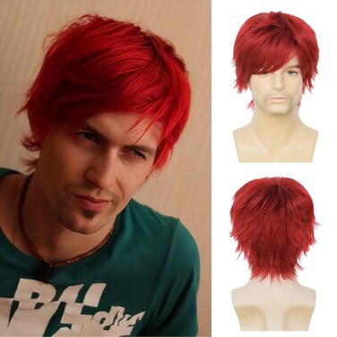 Mens Red Short Wig with Bangs Synthetic Natural Looking Halloween Cosplay Hair Wigs