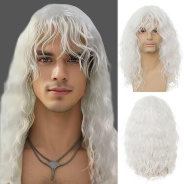 Mens White Long Curly Wig with Bangs Synthetic 70s 80s Rocker Punk Wigs Natural Looking Halloween Cosplay Hair Wig