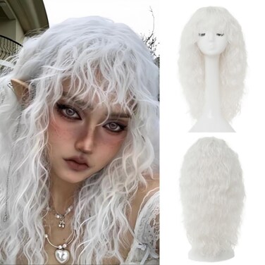White Curly Long Wig for Women with Bangs Fluffy Synthetic Natural Wavy Halloween Cosplay Hair Wigs