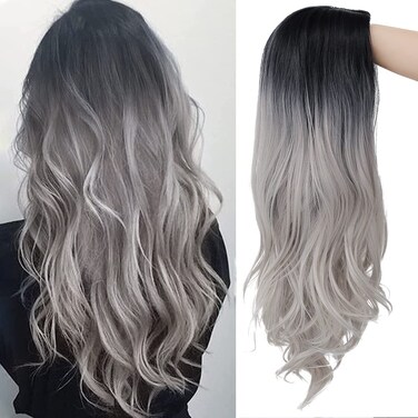 Long Ombre Grey Wigs for Women Wavy Synthetic Dark Roots Curly Wave Wig Middle Part Wigs for Daily Party Halloween