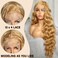 SOKU Strawberry Blonde 13x4 Lace Frontal Wig 32 Inch Body Wave Pre Plucked with Baby Hair Transparent Swiss Heat Friendly Synthetic Honey Blonde Lace Front Wigs for Women Christmas Gift