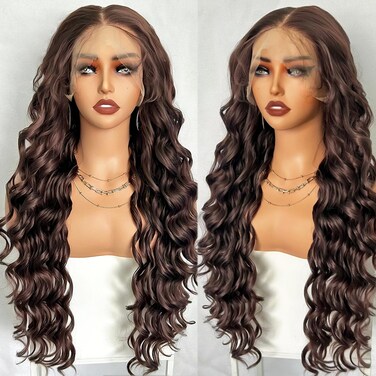 13x6 Lace Frontal Wig 30 Inch Natural Brown Loose Wave Pre Plucked Hairline with Baby Hair Transparent Swiss Lace Glueless Heat Resistant Synthetic Wig