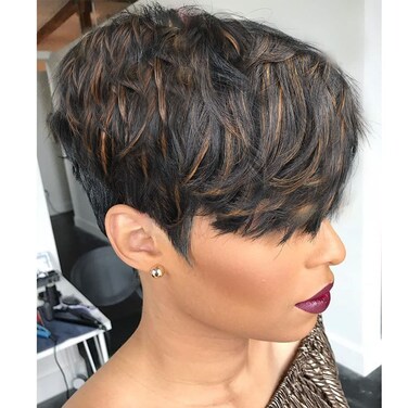 Short Layered Wavy Curly Wig with Bangs Brown Highlights Human Hair Pixie Cut Wig for Black Women Mixed Brown Color Daily Wear L1B/30