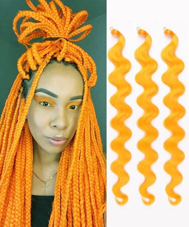 3Packs Body Wave Braiding Hair with Crochet Hook 24Inch Pre-Feathered Braiding Hair Deep Wave Crochet Hair French Curl Crochet Braids Synthetic Hair for Boho Box Braids Goddess Hair(Orange)