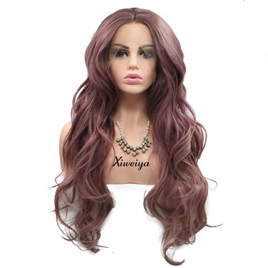 xiweiya Purple Wavy Lace Front Wig Long Curly Wave Smoke Pink Hair Mixed Synthetic Lace Front Wigs Heat Resistant Glueless Wavy Wig Hand Tied Wigs 13x3 lace wig 24inch