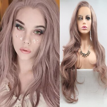 xiweiya Ash Pink Lace Front Wig Long Body Wavy Smoke Pink Wigs 13x3 Big Lace Wig Side Part Wear and Go wig Natural Hairline Hair Replacement Wigs for Women 24 Inches