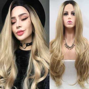 xiweiya Wigs Long Natural Wavy Ombre Blonde Synthetic Lace Front Wigs with Dark Roots Side Part Ombre Wig Light Mixed Blonde Hair Replacement Wig for Women, Drag Queen Makeup 24inch