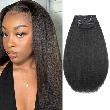 Kinky Straight Clip in Hair for Black Women Full Head Yaki Kinky Straight Synthetic Hair Extensions Clip ins Hair Natural Black 4Pcs 11 Clips 165g/Set (20inch)