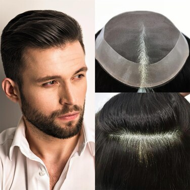 Toupee Hair For Men 7x9 Swiss Lace Toupee Men Replacement System For Men Toupee Durable NPU Monofilament European Human Hair #1B Black Toupee 120% Medium Light To Medium Density