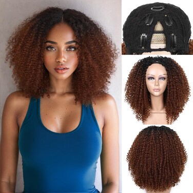 Quantum Love V part Curly Wigs Afro Curly Twist Out African American Wig for Black Women Afro Bomb Ombre Brown Kinky Curly Synthetic Glueless Wig 16 Inches