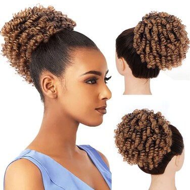 Halcyon Curly Ponytail Extension for Black Women Drawstring Ponytail Hair Extensions (6inch, Ombre Brown)