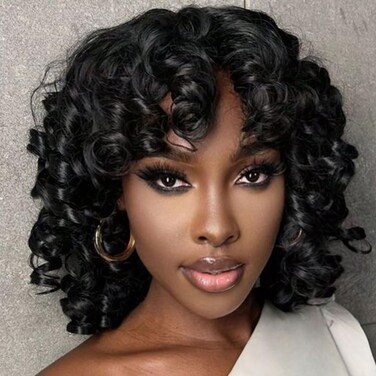 Short Curly Wigs for Black Women Loose Curly Wig with Bangs Afro Curly Wig for Black Women Black Big Curly Hair Wig with Bangs for Women Synthetic Wigs for African American Women (Natural Black)