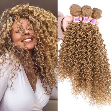Golden Afro Kinky Curly Synthetic Hair Weave 3 Bundles 16 18 20 Inches Color 27 Heat Resistant Fiber Hair Extensions