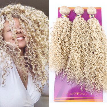 Blonde Synthetic Bundles Kinky Curly Hair Weave Extensions 613 Color 16 18 20 Inches Mixed Length 3 Bundles Heat Resistant Fiber