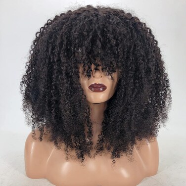 zigzag hair Afro Kinky Curly Wig with Bangs Human Hair,Full Machine Made Scalp Top Wig 250% Density Natural Hair Wig for Black Women Short Curly Bang Wig (16 Inch)