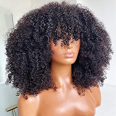 Afro Kinky Curly Wig With Bangs Scalp Top Wig 200 Density Full Machine Made Virgin Brazilian Short Curly Human Hair Wigs Natural Color 14Inch
