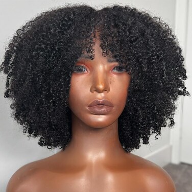 Afro Kinky Curly Wig with bangs Glueless Scalp Top Full Machine Made Human Hair Wigs for Black Women 200Density Kinky Curly Brazilian Human Hair Wig 20inch Natural Color