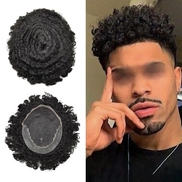 Afro Curl Toupee for Black Men Human Hair Swiss Lace Hair Units for Black Men Hair System Bleached Knot Natural Hairline African American Hairpiece 16MM Afro Wave#1B Off Black 8x10