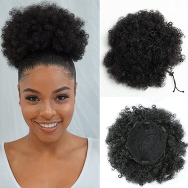 Afro Puff Drawstring Ponytail Black Kinky Curly Synthetic Ponytail Hair Afro Bun Ponytail Hairpieces Clip in Hair Extensions for Black Women 2# Black Brown 7 Inch Large