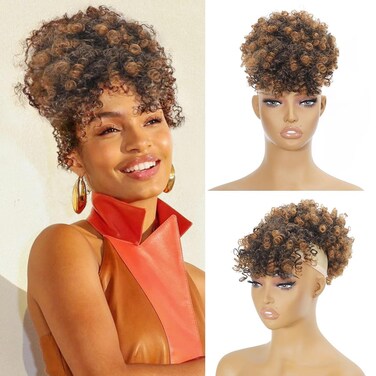 SuyiIRL Afro Puff Drawstring Ponytail with Kinky Curly Hair Clip in Bangs Short Ponytail Hair Extensions Updo Hairpieces for Women Natural Hair Ponytail