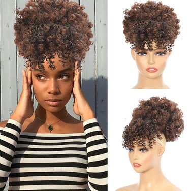 SuyiIRL Afro Puff Drawstring Ponytail with Faux Bangs Blonde Ponytail Extension Short Curly Hair Extensions Updo Hairpieces Ponytail Extension for Black Women Natural Hair Ponytail