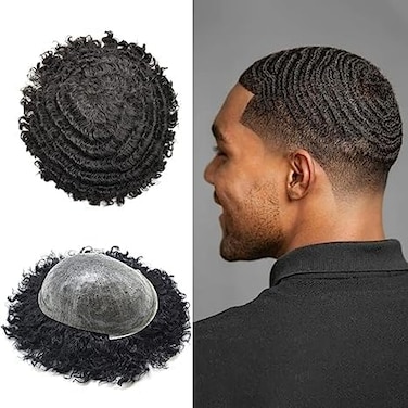 Hair Units For Black Men Full Poly Thin Skin Afro Curl Toupee for Black Men Brazilian Kinky Curly Human Hair Systems Afro Toupee For Black Men Afro Unit Black Mens Toupee Afro Wave 8mm#1 Jet Black