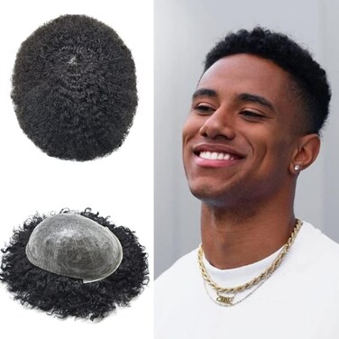 Afro Toupee For Black Men Hair Units Kinky Curly Brazilian Human Hair Replacement System Full Poly African American Mens Hairpiece Injection PU Thin Skin Hair Prosthesis #1B Off Black Afro Curl 6mm