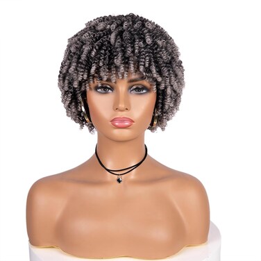 Curly Afro Wig, Kinky Curly Synthetic Grey Wigs for Blcak Women Afro Kinky Curly Wig with Bangs Curly Cosplay Wigs(Silver Grey)