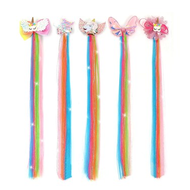 5 Pcs Rainbow Unicorn Hair Extensions For Kids，Hair Bows For Girls，Hair Clips For Little Girls，Hand-made Toddler Kids Ponytails，Cute Glitter Hair Accessories