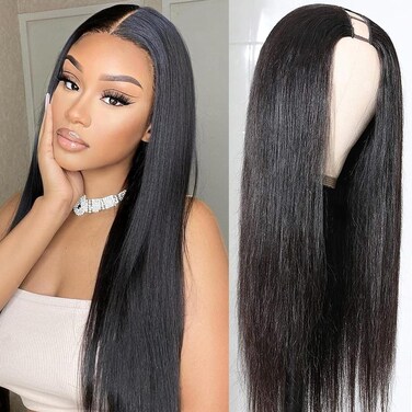 Aisaide Long Straight V Part Wigs for Black Women V Shape Wigs Black Half Wigs Glueluss No Leave Out Wig Syntehtic U Part Straight Wigs for Women Full Wig Natural Scalp Black Straight Wig 20 Inch