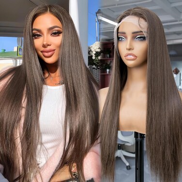 AISI HAIR Straight Lace Front Wig Pre Plucked With Baby Hair 13x4 HD Glueless Synthetic Brown Wigs for Women 28inch Beginner Friendly