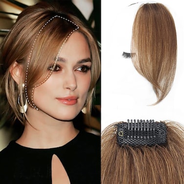 10Inch 2pcs Layeder Remy Hair Long Bangs Side Bangs False Bangs Clip-In Bangs Human Hair Extension Middle Part Fringe Hair Pieces Fake Fringe Invisible Bangs for Women Light Brown