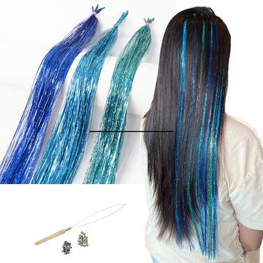 Big Betty Hair Tinsel for Raves, Easy Pre-Made Microring Hair Extensions Tinsel for Fairy Parties, Princess Party Hair Accessory, Dance team hair idea, Mermaid Party Sparkle- Turquoise, Aqua Blue