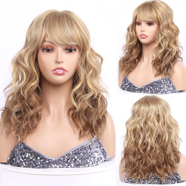 Blonde Wavy Wigs with Bangs for White Women Short Brown Wig with Bangs Synthetic Wavy Bob Wig Shoulder Length 14 Inch Hair for Daily Using Party Natural Looking(2214)