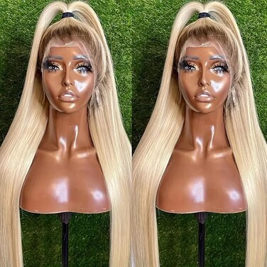 ANDRIA 13X4 HD Lace Front Wigs Straight Hair Glueless Lace Wigs Pre-plucked Hairline Synthetic Long Silk Straight Natural Wig 200% Density Ombre 613 Blonde wig With Baby Hair For Black Women 26 Inches
