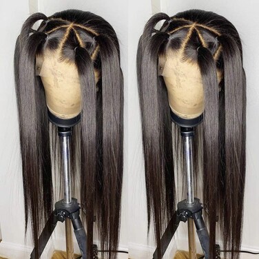 ANDRIA 13&times;6 Inch Deep Part Lace Front Wigs Black Hair Synthetic Wigs Long Straight Heat Resistant Hair Pre Plucked Wig with Baby Hair Bleached Knots for Women 24 Inches Black Hair