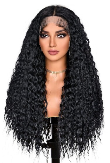 ANNISOUL Black Long Curly Lace Front Wigs for Black Women Deep Wave Lace Front Wig 13x4 HD Transparent Lace Water Wave Frontal Wig Glueless Synthetic Hair Pre Plucked with Baby Hair Natural Hairline