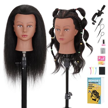 Mannequin Head 100% Real Human Hair 16", "Mannequin Head for Hair Styling, Braiding With Clamp Holder