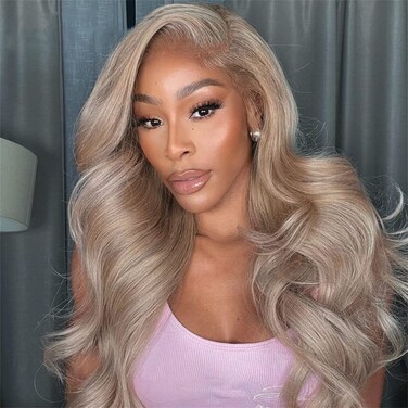 Ash Blonde with Silver Gray Highlight Lace Front Wig Human Hair 180% Density 13x4 Body Wave Mini Knots HD Invisible Lace Wig for Women Glueless Milk Tea Brown Colored with Silver Blonde Wigs 28 Inch
