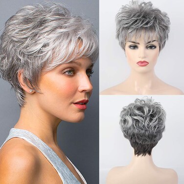 HAIRCUBE Short Curly Gray Wigs for Women Pixie Cut Wig Grey Easy-Care Human Hair Wigs for Women