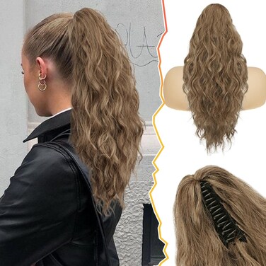 BARSDAR Brown Ponytail Extension - 18 Inch Claw Clip Ponytail Extensions for Women - Curly Wavy Multi Layered Synthetic Clip In Pony Tails Hairpieces Fake Ponytail - Ash Brown Mixed