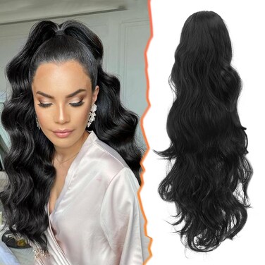 BARSDAR Claw Clip Ponytail Extension - 20 Inch Wavy Black Claw Clip on Ponytail Hair Extensions for Women - Synthetic Claw Clip in Pony Tails Hairpieces Daily Party - Black