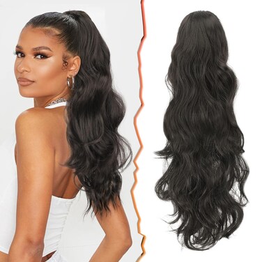 BARSDAR Black Ponytail Extensions - 20 Inch Claw Clip Ponytail Hair Extensions for Women - Long Wavy Synthetic Claw Clip in Pony Tails Hairpieces Daily Party - Natural Black