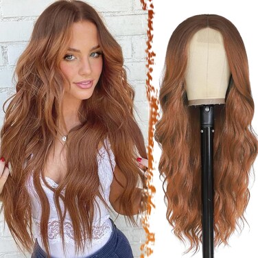 BARSDAR Long Wavy Auburn Wig - 26 Inch Long Wavy Middle Part Wig for Women - Curly Wavy Natural Looking Soft Synthetic Hair Replacement Wig Heat Resistant Daily Party Halloween Wig- Ombre Auburn